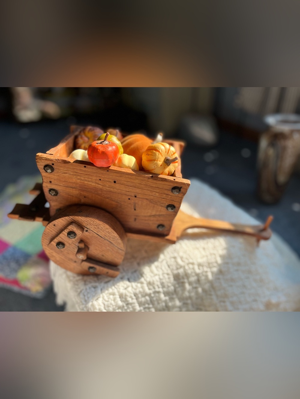 Vintage Wooden Decorative Wheelbarrow with Mini pumpkins - Orange & Brown Accent